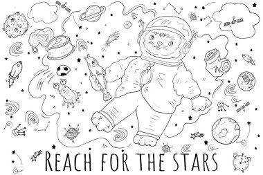 Pençesinde balık olan bir astronot kedisi. Uzay süprüntüsü, uzay enkazı, gezegenler, yıldızlar vs. Uzay sembolleri, Çizgi film Renklendirme illüstrasyonu.