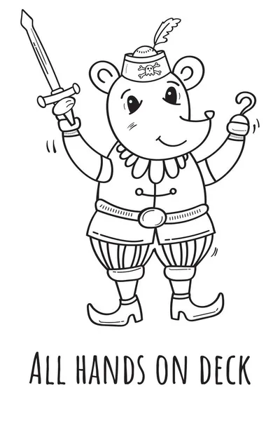 Mouse Pirata Desenhado Mão Estilo Personagem Engraçado Ilustração Preto Branco — Vetor de Stock