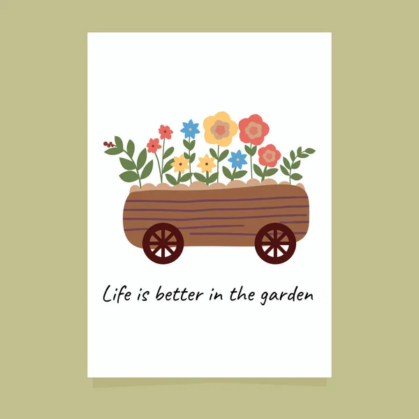 Chariot Jardin Avec Des Fleurs Illustration Dans Style Dessin Animé — Image vectorielle