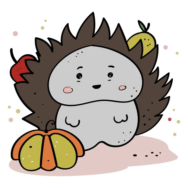 Cute Hedgehog Pumpkin Carries Apples Pears Illustration Cartoon Style — Stock Vector