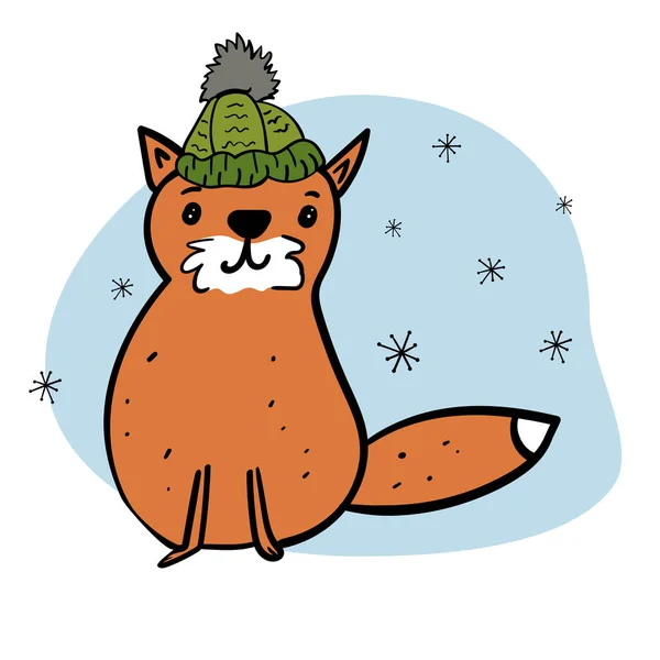 Zorro Sentado Sombrero Lindo Animal Copos Nieve Ilustración Estilo Dibujos — Vector de stock