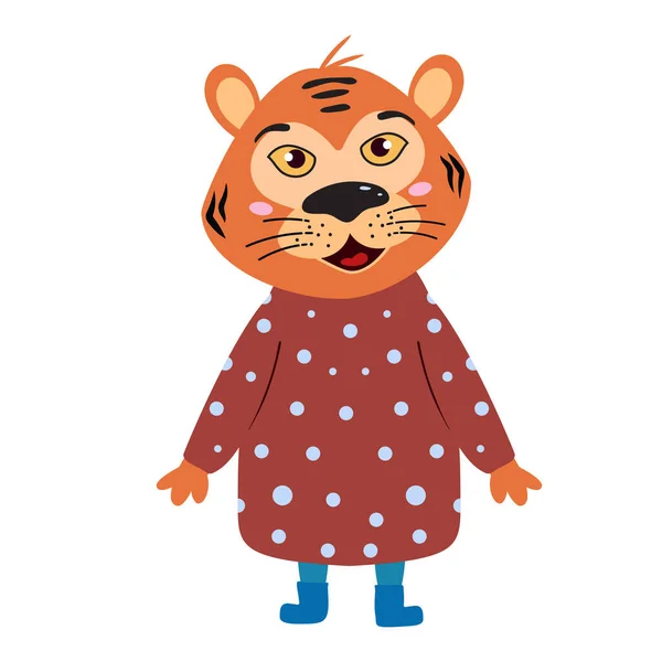 Mały Tygrys Piżamie Kropką Zwierzęcy Uśmiech Ilustracja Stylu Kreskówki — Wektor stockowy
