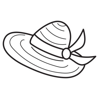 Saf çizgi film tarzında kurdeleli hasır şapka. Çocuklar ve yetişkinler için boyama sayfası veya kitap