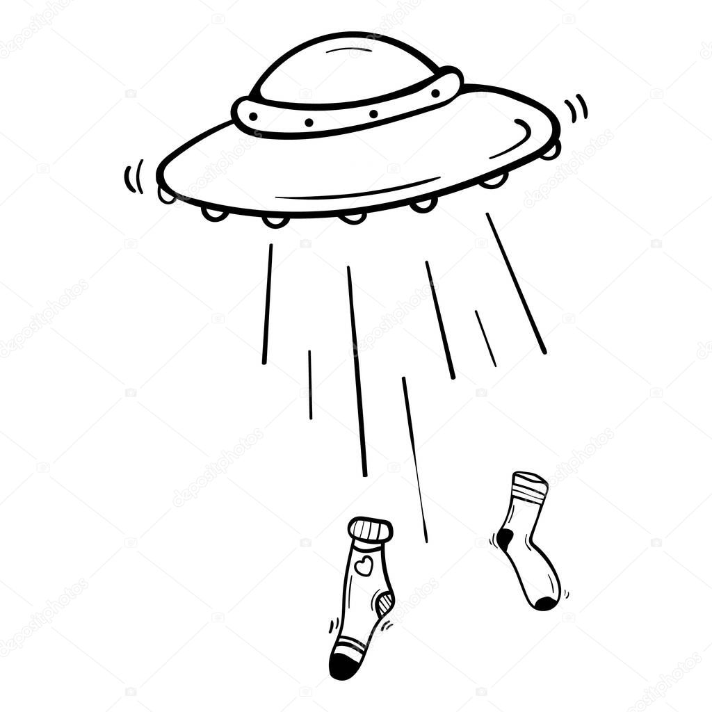 Alien space ship steals socks. UFO. Unidentified flying object in outer space doodle vector illustration