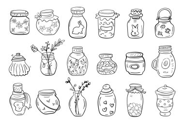 Paskalya kavanozuyla dolu, rahat bir ev. Ev yapımı kurusıkı, dekor elementleri. Boyama kitabı için tatil koleksiyonu illüstrasyonu