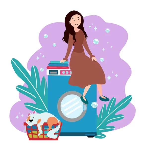 一个穿着连衣裙的女孩坐在洗衣机上 猫睡在有干净亚麻布的篮子里 料理家务的乐趣 舒适的房子 矢量说明 图库插图