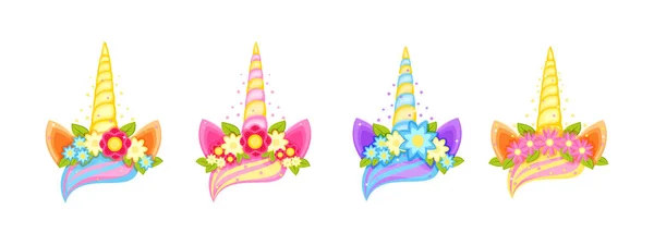 Einhorn-Diadem mit verschiedenen Blumen, Ohrringen und Hörnern. — Stockvektor