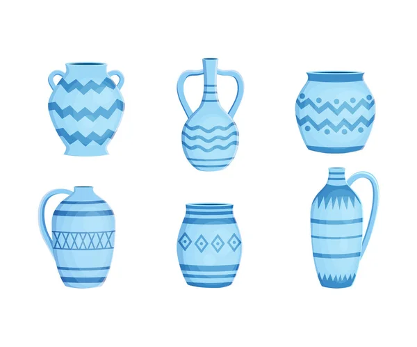 Set con cerámica de barro azul diferente cerámica con vector de ornamento Ilustración de stock