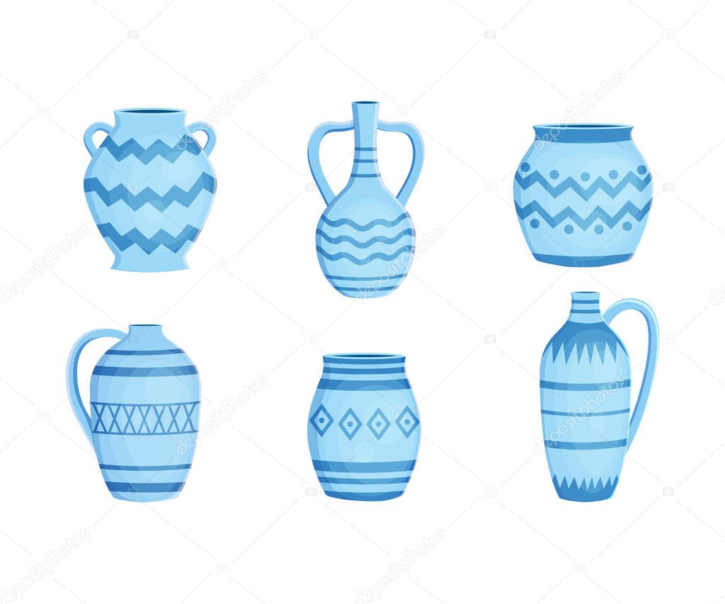 Set with different blue earthenware ceramic pottery with ornament vector 