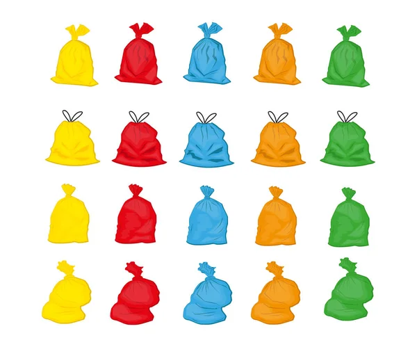 Συλλογή από πορτοκαλί, κίτρινες, κόκκινες, μπλε, πράσινες πλαστικές σακούλες σκουπιδιών — Διανυσματικό Αρχείο