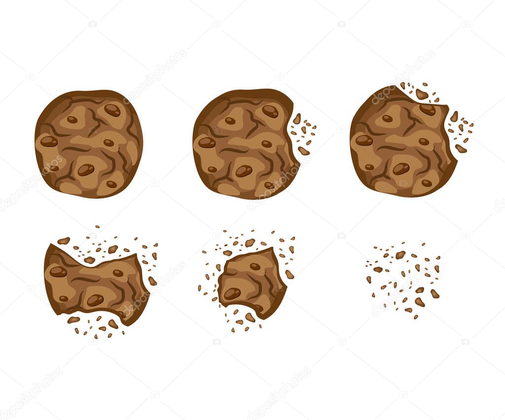 Set with bitten chocolate cookies vector illustration in a cartoon flat style isolated on white background. Biscuits broken with crumbs