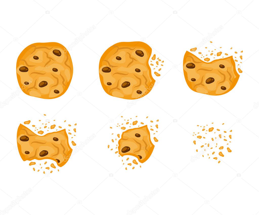 Set with bitten chocolate cookies vector illustration in a cartoon flat style isolated on white background. Biscuits broken with crumbs