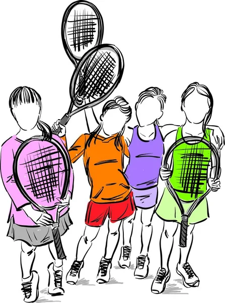 Niños Aprendiendo Jugar Tenis Niñas Con Raquetas Juntos Vector Ilustración — Vector de stock