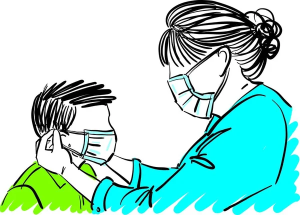 Woman Nurse Doctor Putting Mask Child Prevention Concept Vector Illustration — Vettoriale Stock