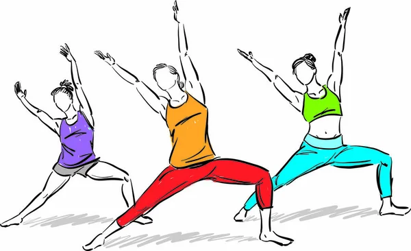 Frauen Fitness Stretching Fitness Drei Erhobene Arme Vektor Illustration — Stockvektor