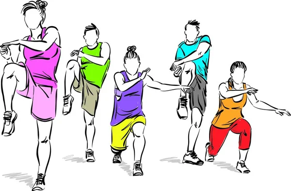 Fitness Άτομα Ομάδα Μαζί Τέντωμα Άνδρες Και Γυναίκες Διανυσματική Απεικόνιση — Διανυσματικό Αρχείο