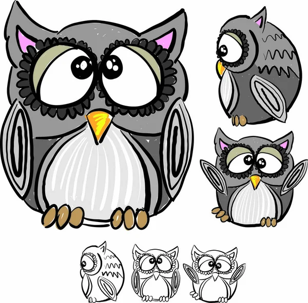 Owl Character Graphic Brush Stroke Vector Doodle Illustration — ストックベクタ