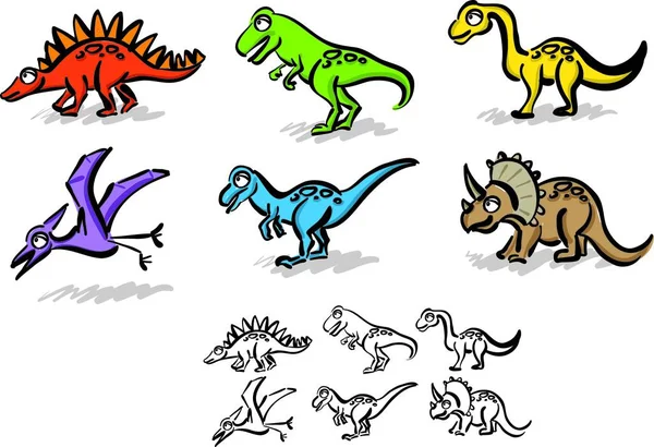 Dino Doodle Characters Brush Stroke Illustration Vector — Stock Vector