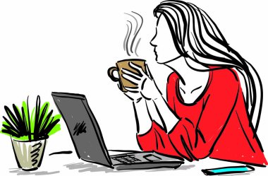 pretty woman drinking cup of coffee and working with laptop vector illustration