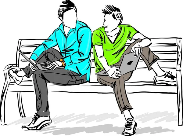 Two Friends Men Having Fun Sitting Park Bench Laptops Vector — Διανυσματικό Αρχείο