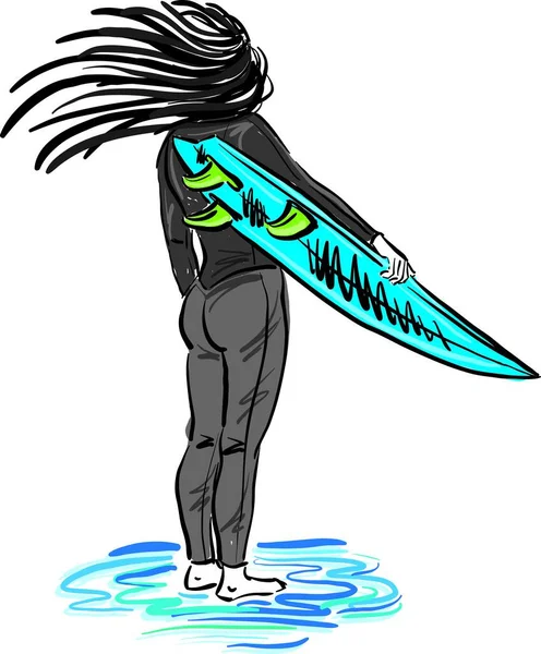 Surfer Girl Back View Surf Board Vector Illustration —  Vetores de Stock