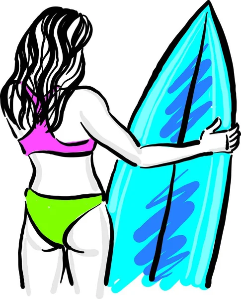 Surfmädchen Mit Surfbrett Halb Rückseite Vektor Illustration — Stockvektor