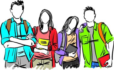 Bir grup öğrenci okul konsepti vektör illüstrasyonunda eğleniyor.