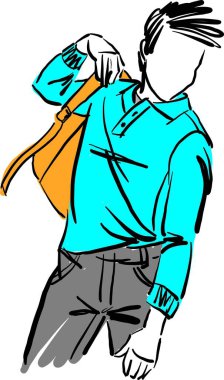 Sırt çantası vektör illüstrasyonuyla okula dönen küçük bir çocuk.