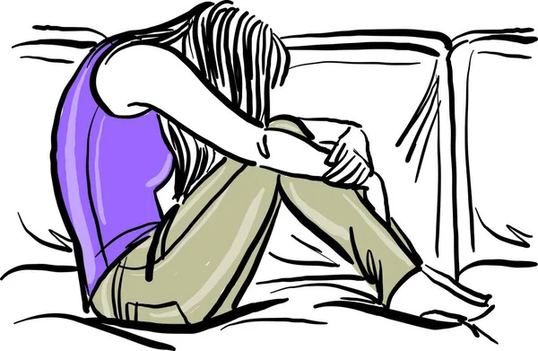 Young Woman Depressed Sad Lonenly Sitting Sofa Vector Illustration — Image vectorielle