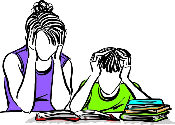 Mother Doing Homework Son Child Young Back School Concept Vector — Image vectorielle