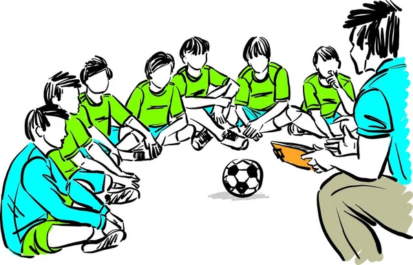 Coach Man Talking Soccer Team Teaching Learning How Play Soccer — Vector de stock