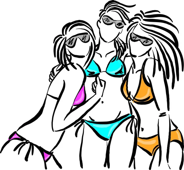Three Pretty Woman Posing Bikini Vacations Beach Concept Vector Illustration — Stockový vektor