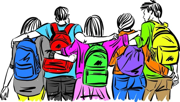 Назад Школьной Концепции Студентов Рюкзаками Вместе Друзья Векторной Иллюстрации Дружбы — стоковый вектор