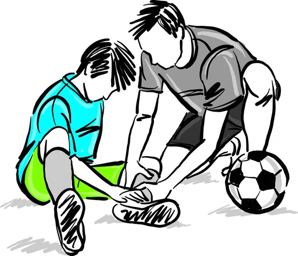 Soccer Player Boy Leg Injury Coach Helping Sports Concept Vector —  Vetores de Stock