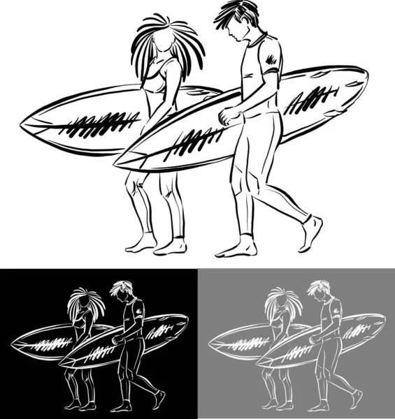 サーフボード付きの黒と白のグレーのサーファー夏のスポーツの概念の女の子と男の子の女性のベクトルイラスト — ストックベクタ
