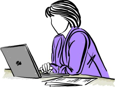 Dizüstü bilgisayarın önünde çalışan ve iş konsepti vektör çizimi yazan kadın.