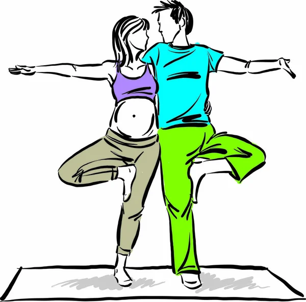 Yoga Couple Femme Enceinte Homme Femme Étirement Exercices Concept Fitness — Image vectorielle