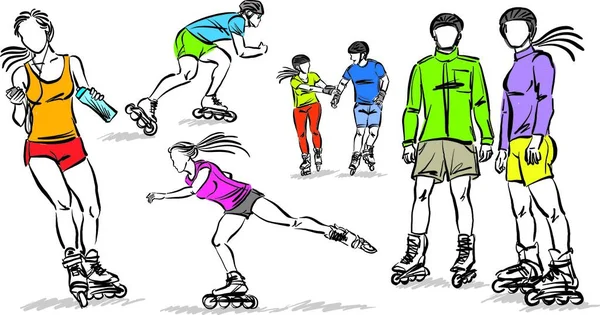 集3滑板在线滑旱冰者年轻运动娱乐矢量图解 — 图库矢量图片