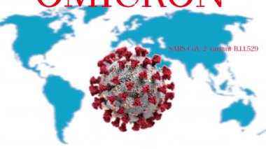 Omicron 'un yeni SARS mutasyonu B.1.529 animasyon konsepti. COVID-19 dünya haritasına karşı yeni bir virüs videosu.