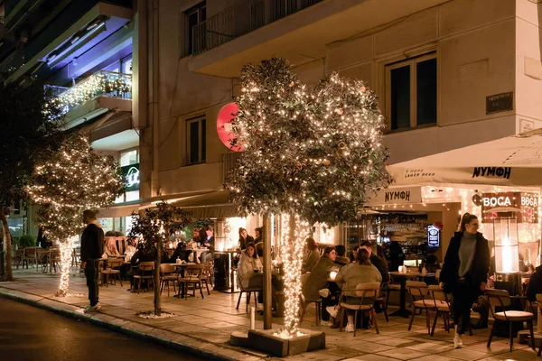 Tesalónica Grecia Diciembre 2021 Vista Nocturna Las Decoraciones Navideñas Por —  Fotos de Stock