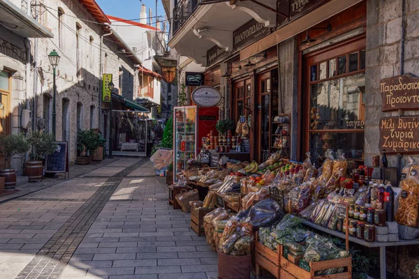 Outdoor Vitrine Tagesblick Auf Lokale Lebensmittel Griechisches Geschäft Auf Einer — Stockfoto