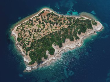 Yunanistan 'ın Chalkidiki yarımadasındaki Akdeniz' de yeşil bitki örtüsü ve kayalık kıyılara sahip küçük ada şeridinin insansız hava aracı görüntüsü