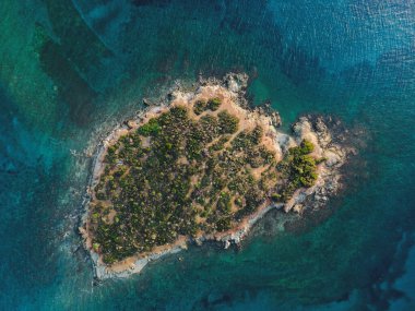 Yunanistan 'ın Chalkidiki yarımadasındaki Akdeniz' in yeşil bitki örtüsü ve kayalık kıyı şeridi ile küçük adanın üzerindeki gündüz insansız hava aracı görüntüsü