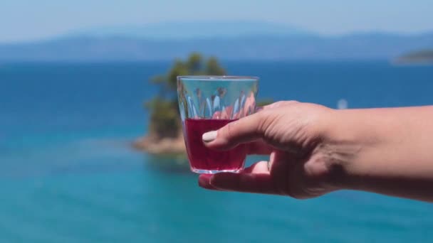 Selecting Focus Female Hand Lifting Holding Simple Glass Red Wine — Stockvideo