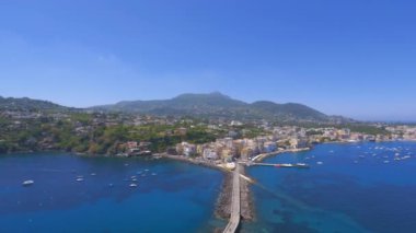 Day panning panorama on the capital of Ischia Island, Italy viewed from the acropolis of the Aragonese medieval Castle, Castello Aragonese d'Ischia.