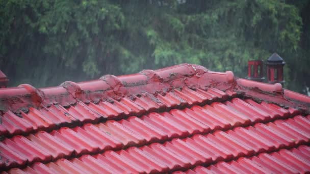 Brutto Tempo Forte Pioggia Che Cade Tetto Piastrelle Rosse Casa — Video Stock