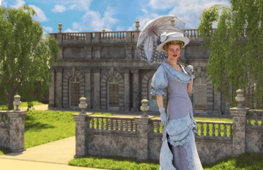 Woman in a Vintage Rose Dress, a classic Edwardian style outfit, walking in a park in front of a Orangery building and Willow trees on a sunny day, 3d render clipart
