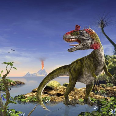 Cryolophosaurus dinosaur standing in shallow water of a prehistoric landscape in an dynamic pose, 3d render.