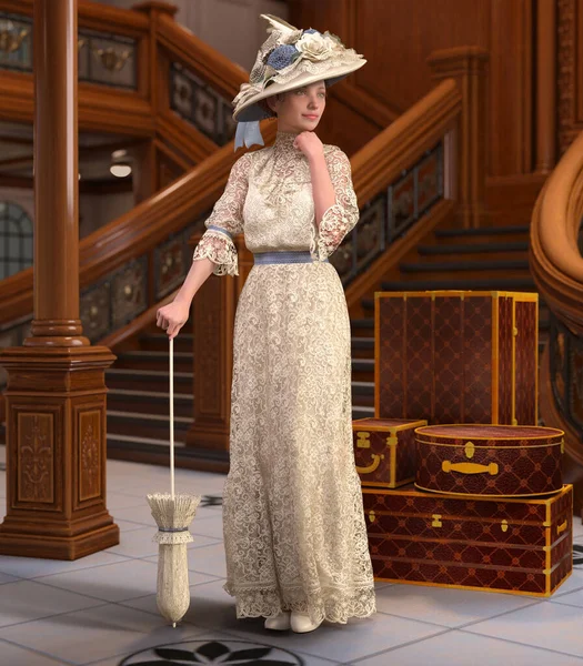 美しい女性ですビクトリア朝のドレスで立って彼女の荷物と大階段 3Dレンダリング — ストック写真