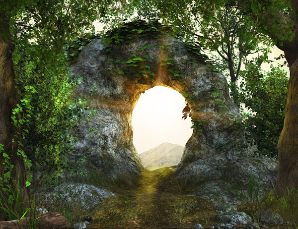 Stonepath through a rock arch in a magical lush forest flanked by ivy covered trees, 3d render.